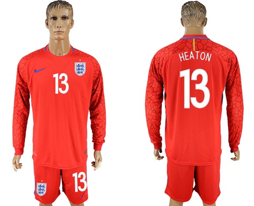 England #13 Heaton Red Long Sleeves Goalkeeper Soccer Country Jersey - Click Image to Close